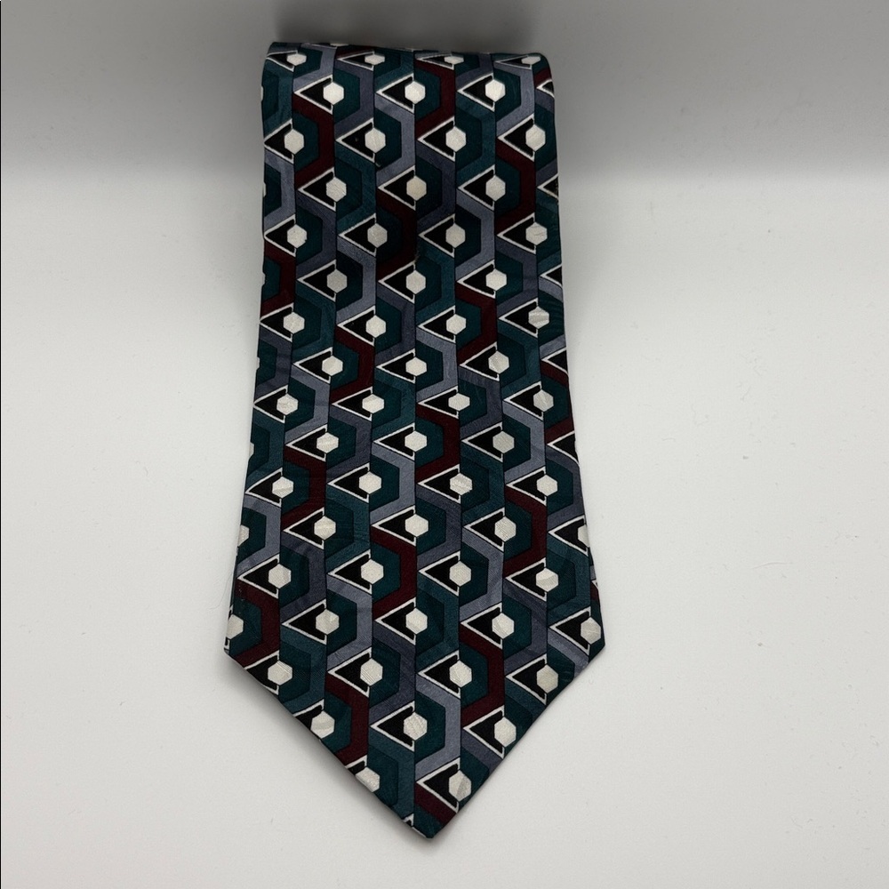 Como Men’s Geometric Patterned Tie in Teal, Cream, Gray, Burgundy, 100% Silk
